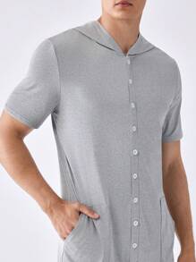 Men's Solid Color Hooded Short Sleeve Romper With Front Button & Pocket For Summer Home Wear - Light Grey - View 8