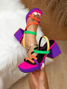 撞色新款时尚高跟凉鞋，时尚绑带粗跟方头女士夏季休闲鞋 - 彩色 - 查看 1
