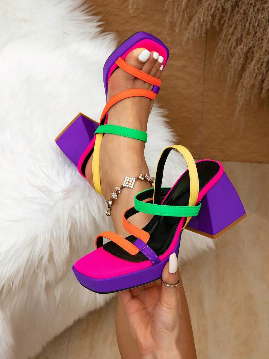 撞色新款时尚高跟凉鞋，时尚绑带粗跟方头女士夏季休闲鞋 - 彩色 - 查看 1