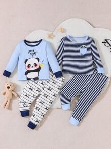 4pcs Baby Boy Panda Stripe Print Long Sleeve Casual Two-Piece Pajama Set Snug Fit - Blue - View 1