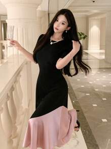 DAZY Color Block Round Neck Women's Short Sleeve Summer Dress,Ruffle - Black - View 9