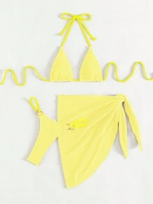 SHEIN Swim 女士夏季海滩纯色露背比基尼套装，带罩裙，特殊面料，3 件套黄色泳衣 - 黃色 - 查看 5