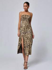Chiquease Leopard Print Split Thigh Tube Longline Dress - Mocha Brown - View 2