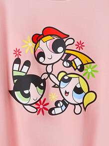 THE POWERPUFF GIRLS X SHEIN เสื้อยืดแขนสั้นลายลำลองสำหรับเด็กผู้หญิง เหมาะสำหรับฤดูร้อน - สีชมพูพาสเทล - ดู 1