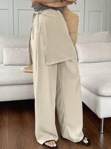 DAZY 女士纯色不对称裙摆阔腿裤，教师裤 - 杏色 - 查看 3