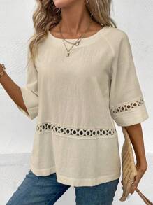 SHEIN LUNE Áo sơ mi tay Raglan rỗng thông thường - Màu be - Xem 6