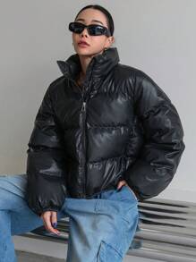 DAZY 女士冬季休闲纯色立领棉衣，冬季女装，冬季外套女士夹克 - 黑色 - 查看 7