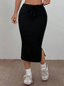 SHEIN EZwear 高彈力和冷感面料的純色劈邊抽繩腰裙 - 黑色 - 查看 3