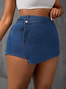 Slaydiva Plus Size Women's Denim Asymmetrical Skort, Comfortable And Casual - Blue - View 6