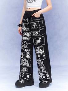 Corpse Bride | ROMWE Casual Dark-Tone Cartoon Printed Wide-Leg Jeans - Black - View 4