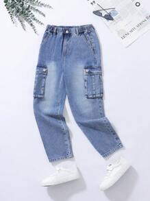 Tween Boys' Cargo Straight Leg Jeans With Multiple Pockets - Medium Wash - View 1