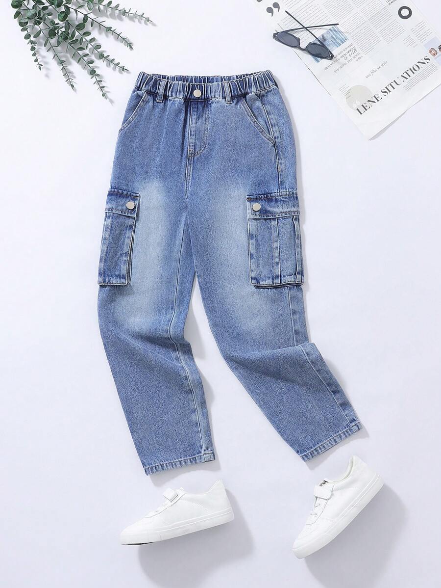 Tween Boys' Cargo Straight Leg Jeans With Multiple Pockets - Medium Wash - View 1