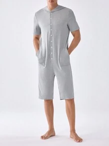 Men's Solid Color Hooded Short Sleeve Romper With Front Button & Pocket For Summer Home Wear - Light Grey - View 5