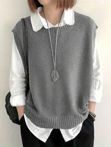 Ladies' Solid Color Simple Round Neck Sweater Vest For Daily Wear - Grey - View 1