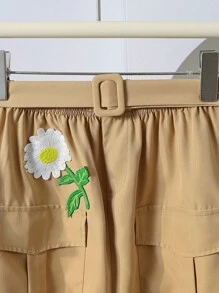 Teen Girls' Casual And Comfortable A-Line Skirt With 3D Embroidery And Accordion Pockets, Knee Length With Belt, Versatile For Daily Commute And Outings - Khaki - View 4