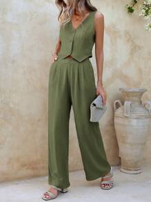 SHEIN Clasi 亞麻實色無袖V領上衣和口袋長褲夏季休閒2件套裝