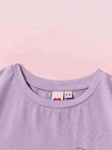 SHEIN X Care Bears 少女圓領短袖掉肩卡通與字母圖案T恤 - 紫色 - 查看 5