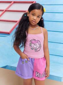 Mr Men Little Miss X SHEIN Tween Girl Cartoon Printed Pink Cute Cami Top & Two Tone Cuffed Hem Shorts Set - Pink - View 7