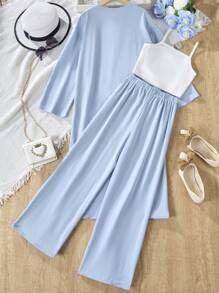 Ensemble trois-pièces casual pour fille préadolescente pour le printemps et l'automne : robe longue à l'avant ouvert, top cami intérieur et pantalon