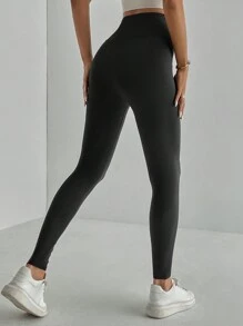 SHEIN Tall Quần áo mùa hè Quần legging cạp cao rắn - màu đen - Xem 3