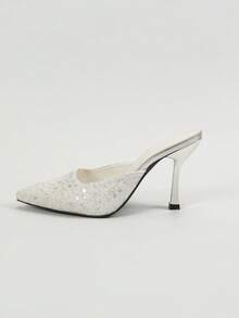 Zapatos de tacón alto de punta abierta y brillantes con talón descubierto, para verano - Blanco - Ver 6