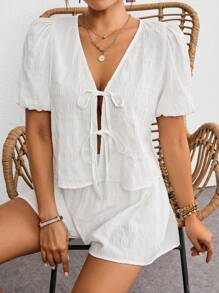 SHEIN VCAY Women's Summer Solid Color Front Tie Shirt And Shorts Set,Short Sleeve Shirt And Shorts Two-Piece - White - View 6