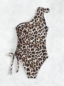 SHEIN Swim Traje de baño de uso diario con hombros oblicuos y estampado de leopardo para mujer