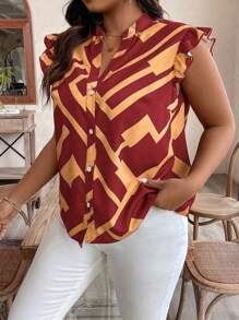 SHEIN Clasi Plus Size Notched V-Neck Printed Single-Breasted Ruffle Hem Summer Shirt - Multicolor - View 5