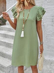 EMERY ROSE Ladies' Solid Color Round Neck Casual Summer Dress Green Dress Teacher Clothes Brunch Dress Back To School Clothes,Sage Green Dress - Green - View 3