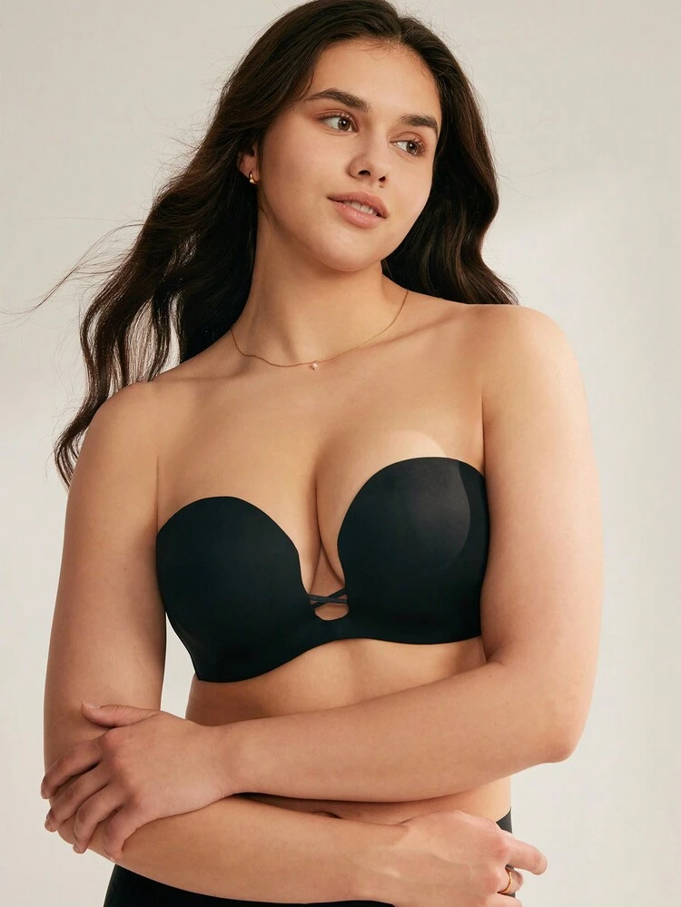 Black Strapless Sexy Push-Up Deep-V No-Show Basic Half Chic & Cozy Lingerie As Outerwear Bra