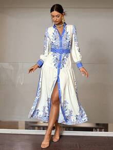 Sollinarry 女式秋季新款腰果花卉印花长袖连衣裙 - 藍色 - 查看 7