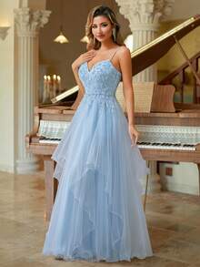 Tulle A-Line Spaghtti Elegant Evening Dress - Baby Blue - View 5