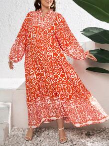 SHEIN Cottnline Plus Size Women's Long Sleeve Button Detailed Long Oversized Summer Dress - Orange - View 1