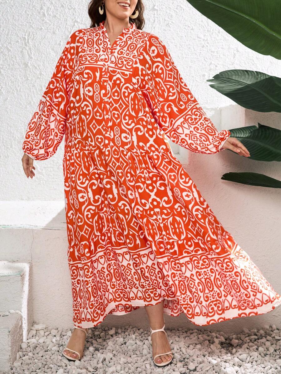 SHEIN Cottnline Plus Size Women's Long Sleeve Button Detailed Long Oversized Summer Dress - Orange - View 1