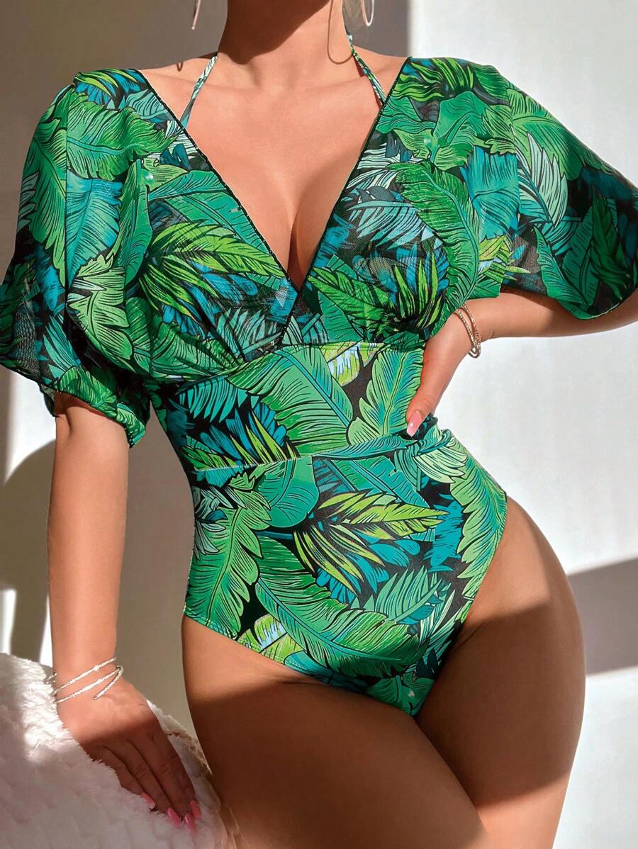 SHEIN Swim 女士休闲连体泳衣，随机印花设计，适合夏季日常穿着 - 彩色 - 查看 1