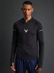 Manfinity Sport Corelite Moletom esportivo masculino estilo namorado slim fit com capuz refletivo estampado Moletom masculino estilo namorado - Preto - Ver 4