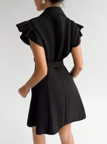 SHEIN Privé Women's Summer Daily Elegance Commuting Fashion Date Resort Buttoned Collar Ruffle Sleeve Cinched Waist A-Line Short Dress Back To School Clothes Teacher Clothes Teacher Dress