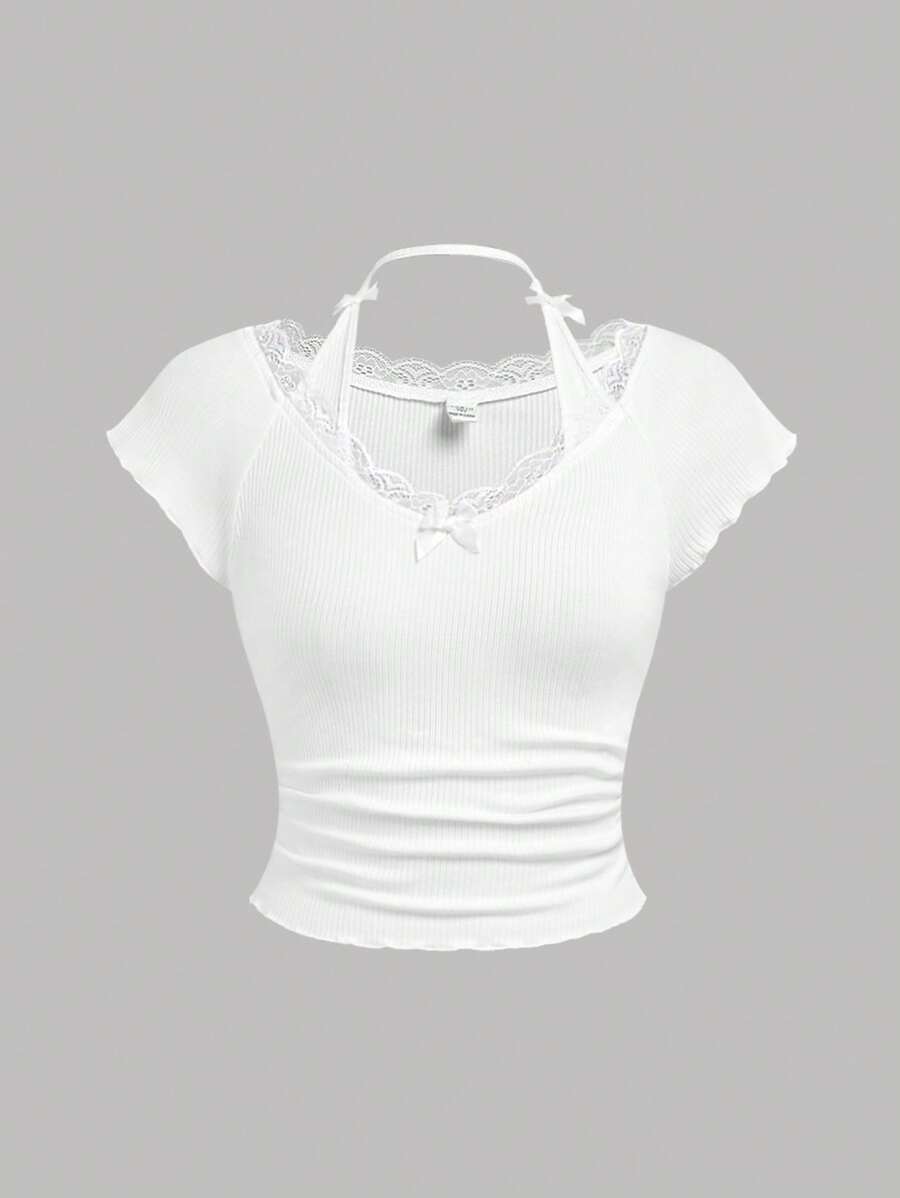 SHEIN Girlism Teen Girl Knitted Hollow Out Lace Trim Crop Top With 2 In 1 Design And Halter Neck - White - View 1