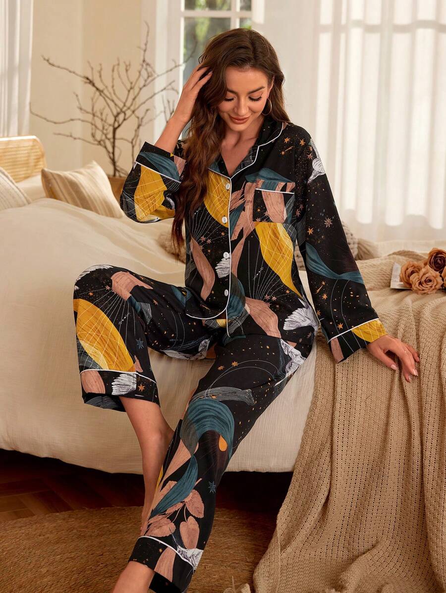 Serenescape Bird & Plant Print Pocket Front PJ Set / Pajama Set Holiday Season, Fall Winter Clothes - Black - View 1