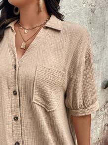 EMERY ROSE 大码女式优雅日常纯棉纯色梭织纽扣落肩泡泡袖口袋 V 领中长连衣裙，夏季 - 駝色 - 查看 6