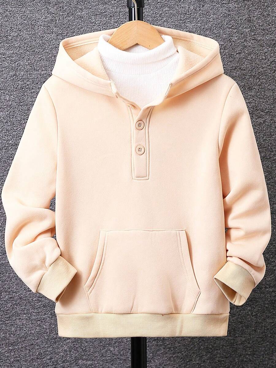 Tween Boys Kangaroo Pocket Half Button Hooded Tee Without Sweatshirt - Apricot - View 1