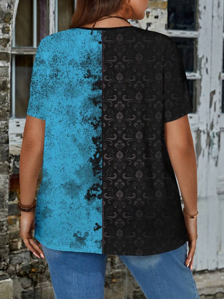 T-shirt d'une pièce d'été décontracté à col en V à imprimé de fleurs roses rétro avec manches courtes pour femmes de grande taille