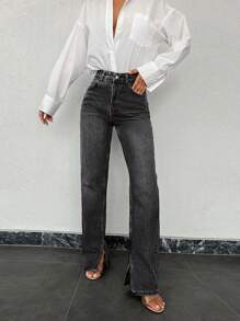 EURMUSE 100%Cotton Ladies' Solid Color Denim Pants With Slit Hem - Black - View 4