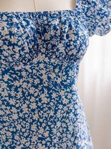 Soleia 藍白色大碼泡泡袖度假洋裝，U領設計 - 藍白色 - 查看 6