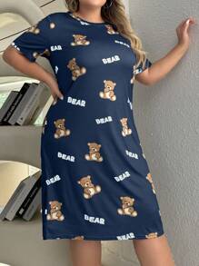 Plus Size Cute Bear Printed Sleeping Pajama Dress - Navy Blue - View 3