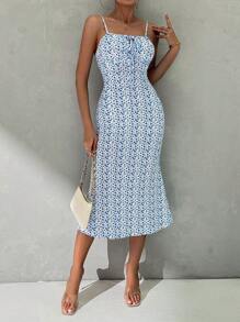 SHEIN Privé Vestido hawaiano para vacaciones de mujer con estampado, con corsé, tirantes fruncidos y corte ajustado al Body - Multicolor - Ver 1