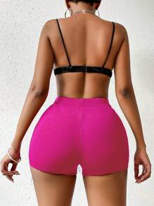 Zolique Women's Solid Color Tassel & Rhinestone Decorated Sexy Shorts, Summer - Hot Pink - View 2