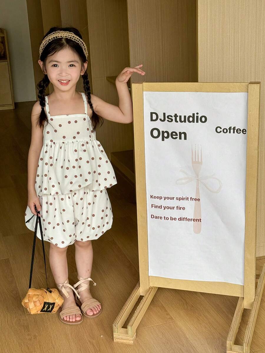 SHEIN Girls' Summer Holiday  Cute Polka Dot Printed Tank Top & Ruffled Lantern Pants Two-Piece Set - Coffee Brown - View 1