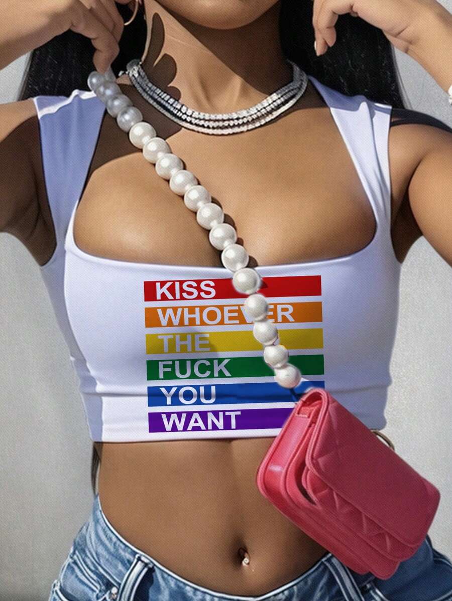 Slaydiva LGBT驕傲彩虹紋理休閒簡約方領女士背心，適用於夏季