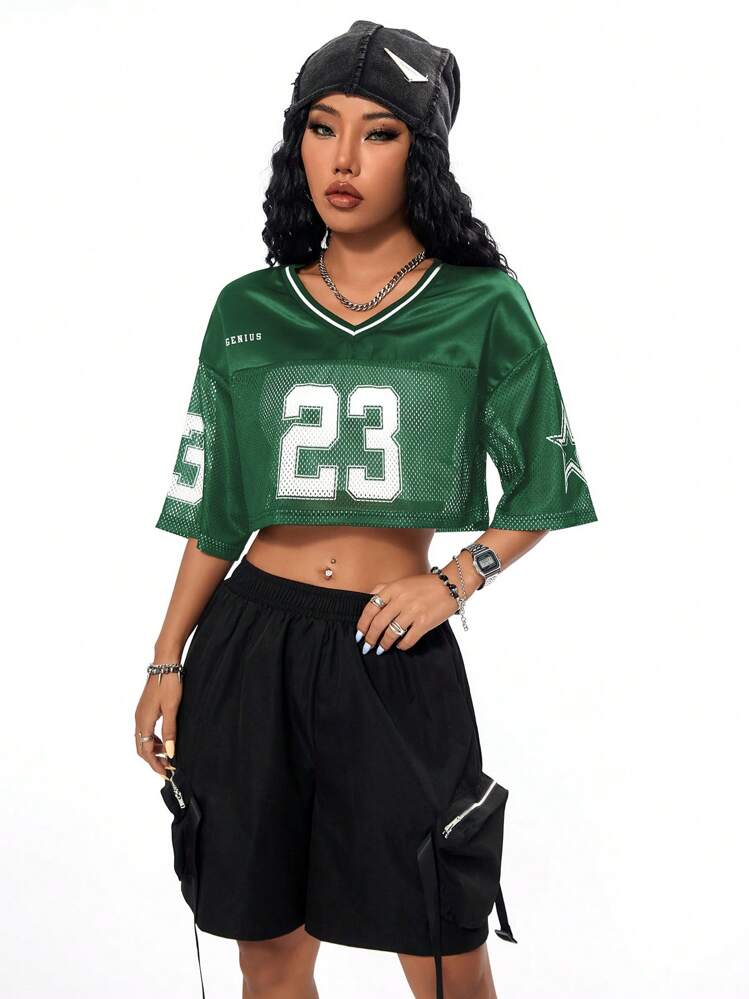 SHEIN Coolane Women's Street-Style Cool Vintage Sport Soccer Jersey Letter Print Y2K Blokecore Cropped Versatile T-Shirt - Green - View 1
